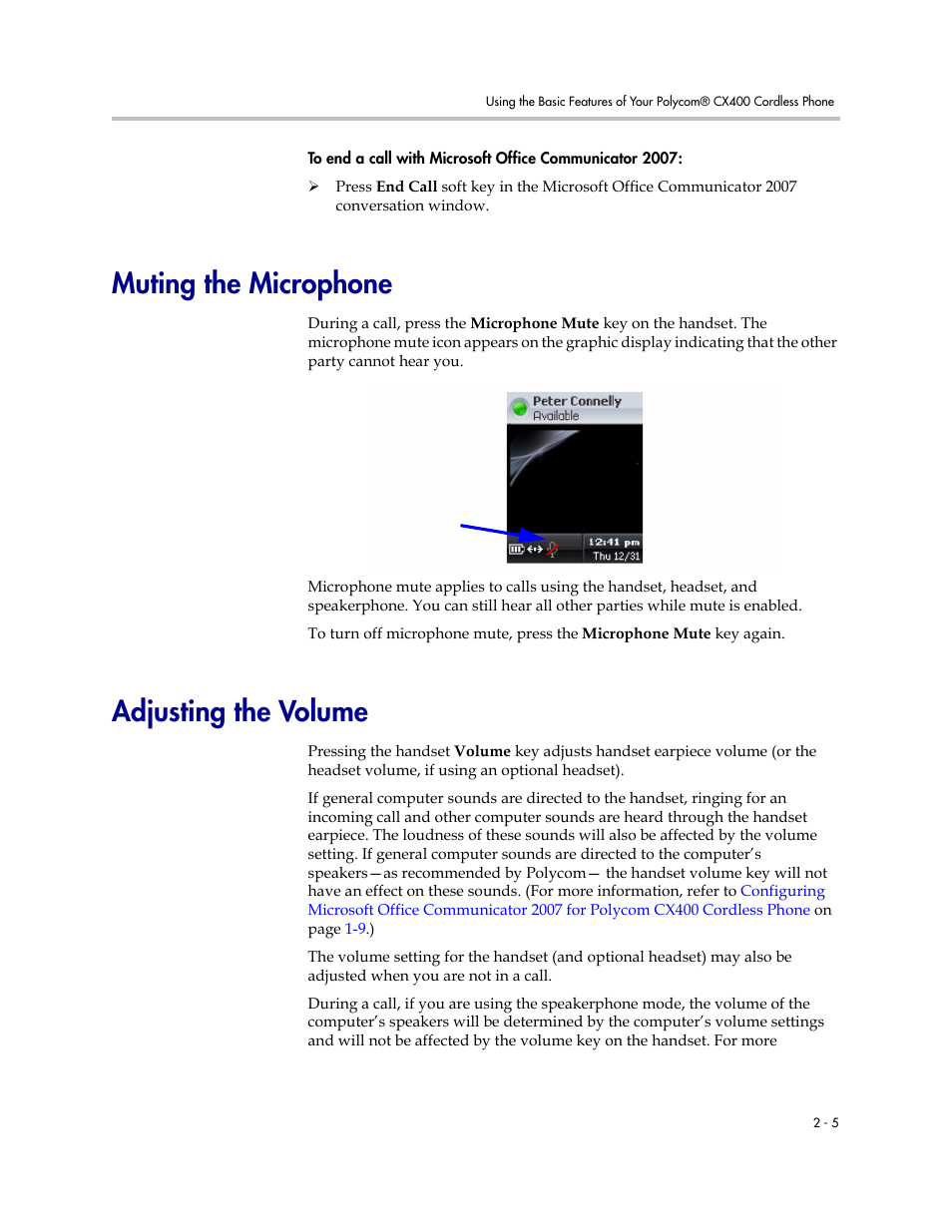 Muting the microphone, Adjusting the volume, Muting the microphone –5 adjusting the volume –5 | Polycom CX400 User Manual | Page 21 / 42