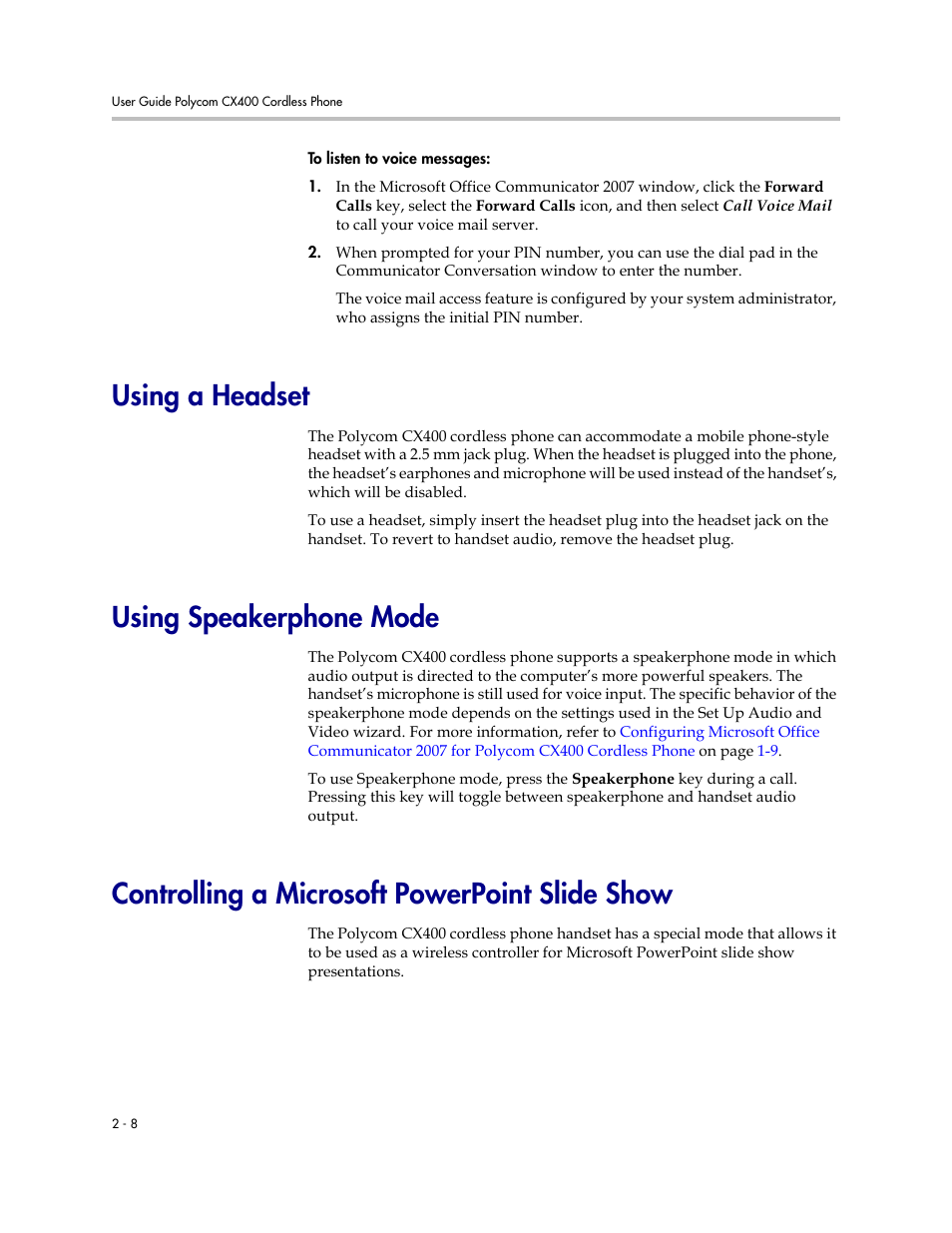 Using a headset, Using speakerphone mode, Controlling a microsoft powerpoint slide show | Polycom CX400 User Manual | Page 24 / 42