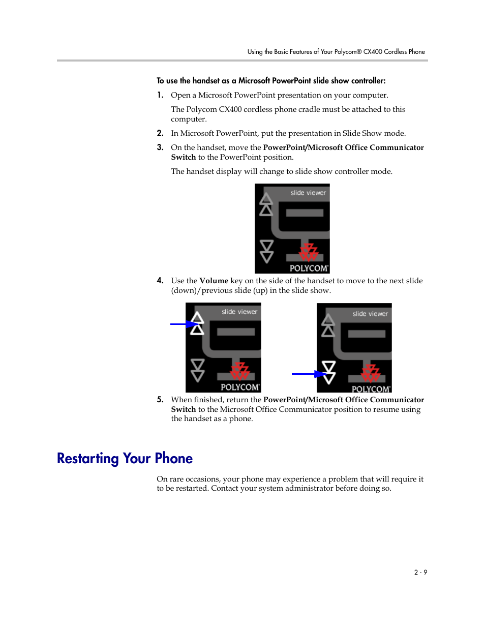 Restarting your phone, Restarting your phone –9 | Polycom CX400 User Manual | Page 25 / 42