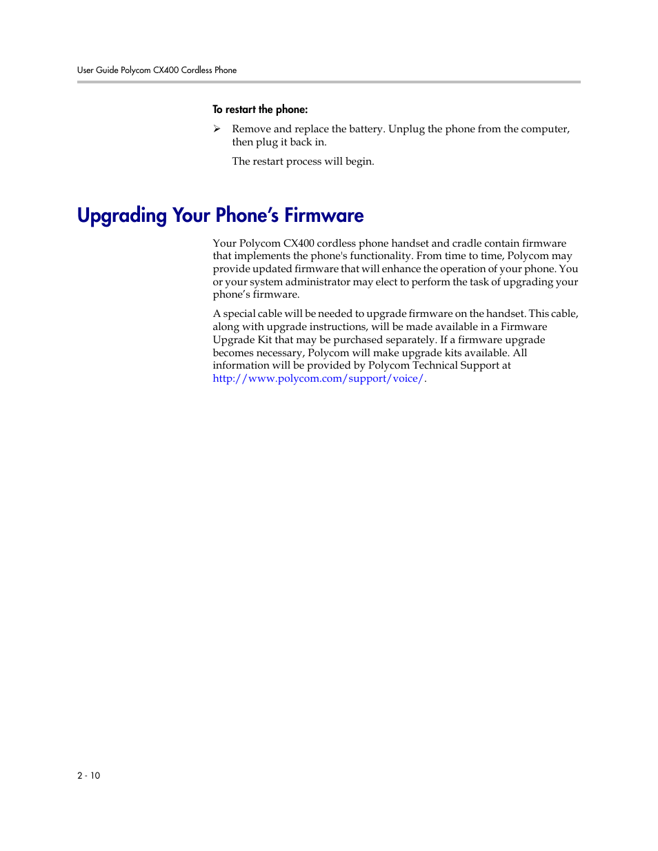 Upgrading your phone’s firmware, Upgrading your phone’s firmware –10 | Polycom CX400 User Manual | Page 26 / 42