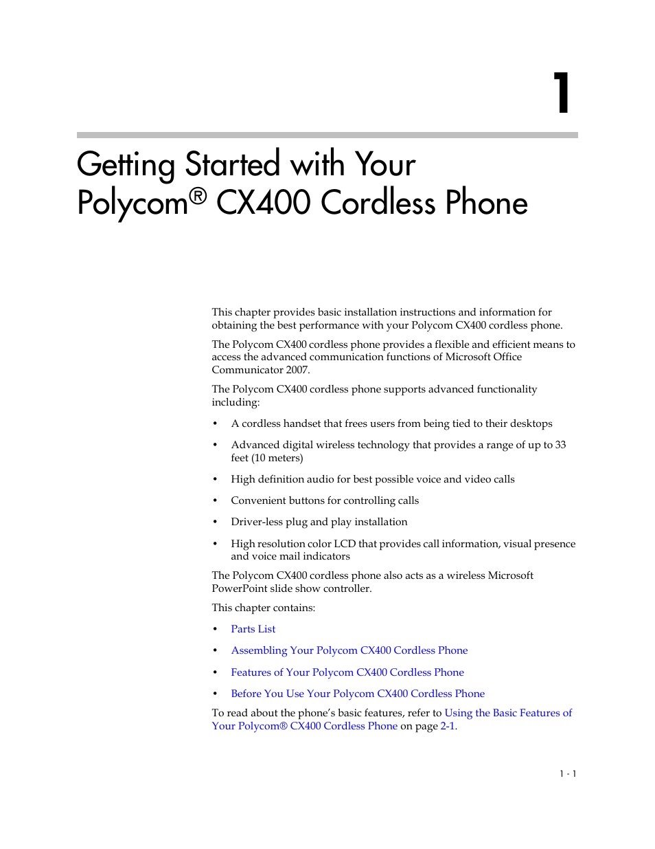 Phone –1, Getting started with your polycom, Cx400 cordless phone | Polycom CX400 User Manual | Page 7 / 42