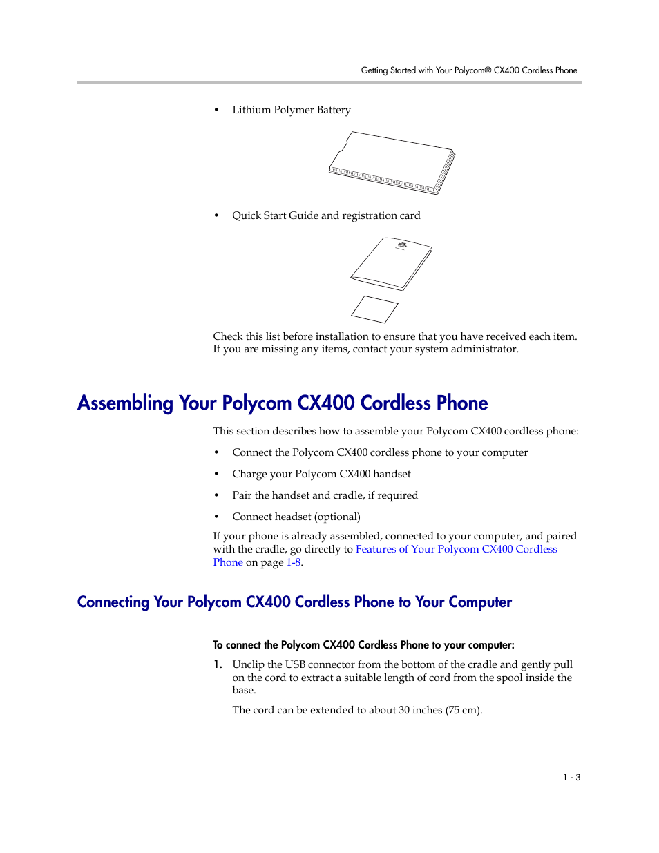 Assembling your polycom cx400 cordless phone, Assembling your polycom cx400 cordless phone –3, Computer –3 | Polycom CX400 User Manual | Page 9 / 42