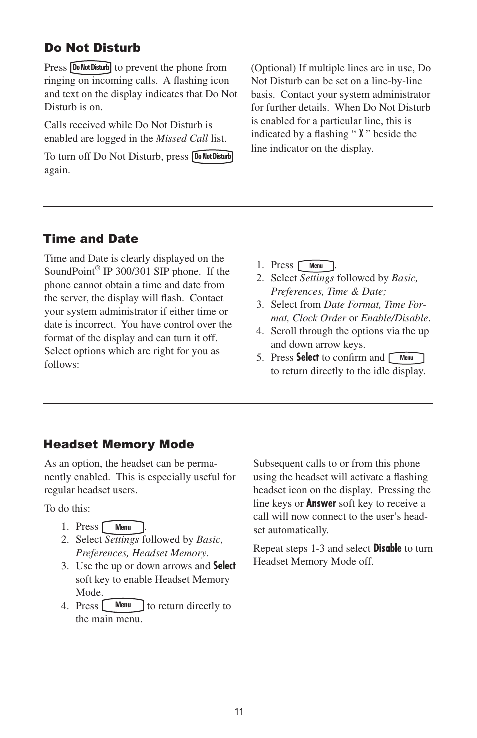 Do not disturb, Time and date, Headset memory mode | Polycom SOUNDPOINT IP 300 User Manual | Page 14 / 30