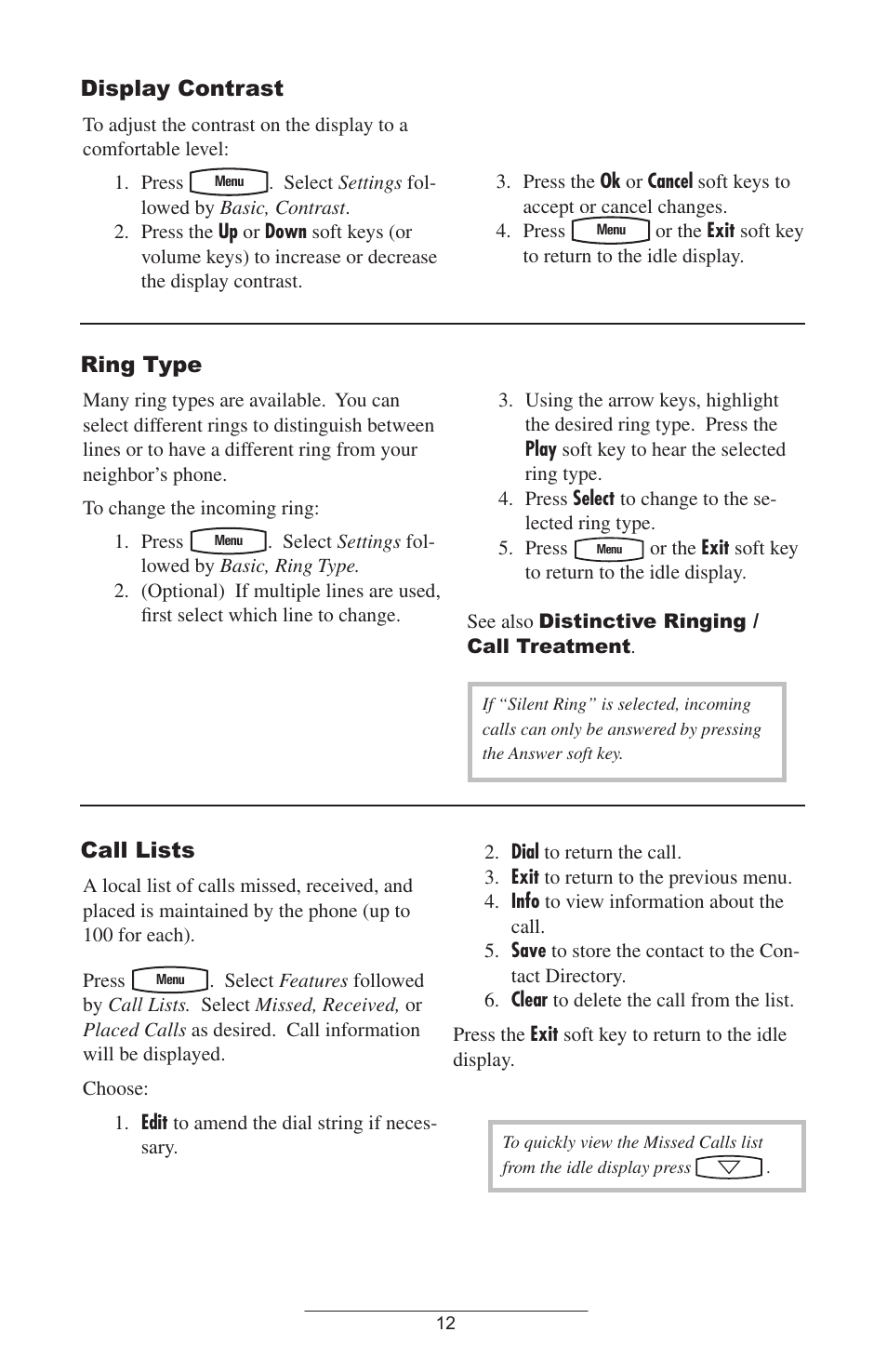 Display contrast, Ring type, Call lists | Polycom SOUNDPOINT IP 300 User Manual | Page 15 / 30