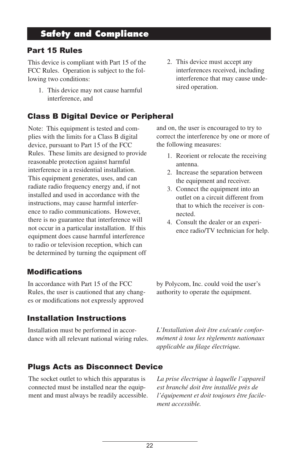 Safety and compliance, Part 15 rules, Class b digital device or peripheral | Modiﬁcations, Installation instructions, Plug acts as disconnect device | Polycom SOUNDPOINT IP 300 User Manual | Page 25 / 30
