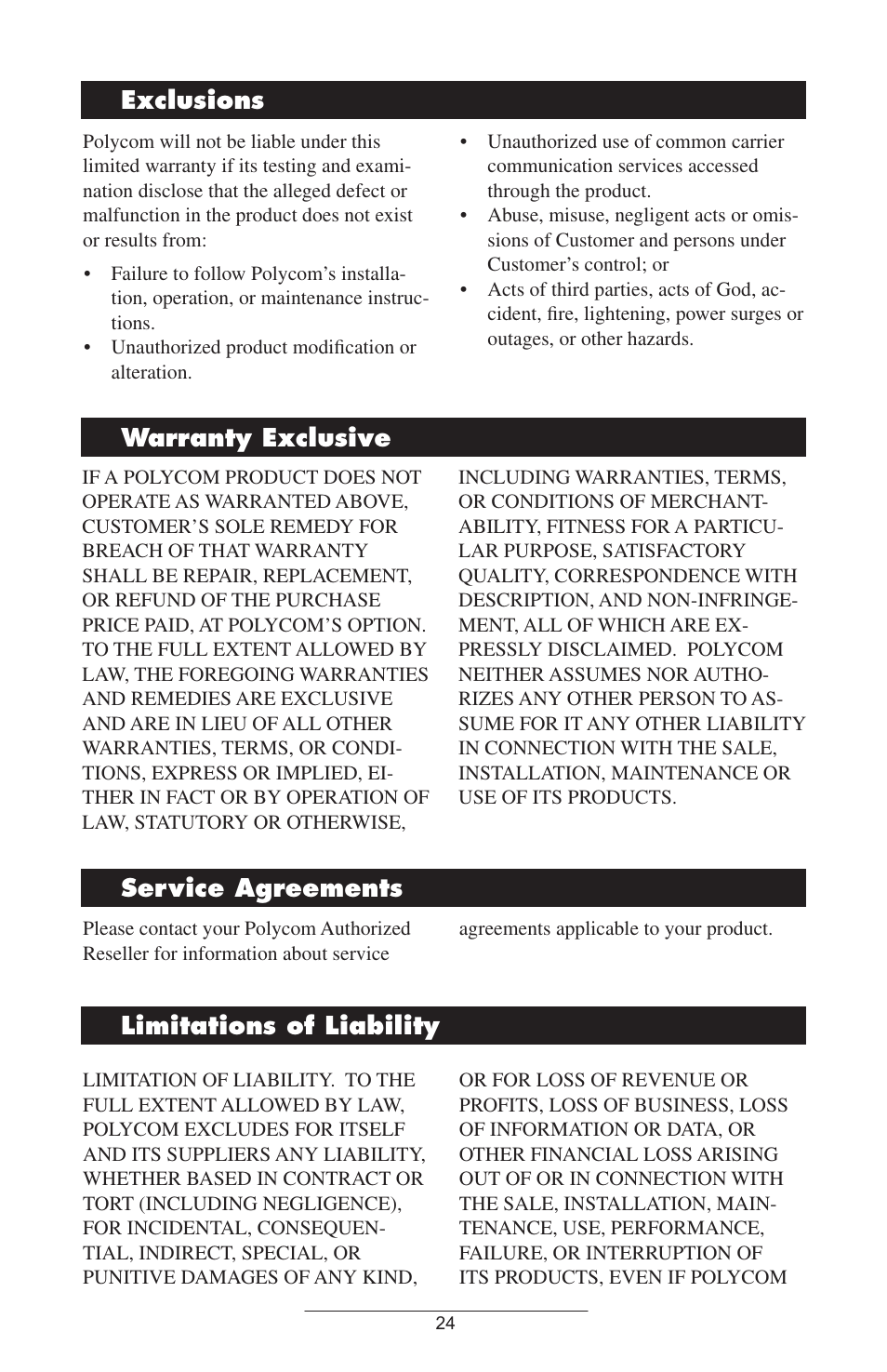 Exclusions, Warranty exclusive, Service agreements | Limitations of liability | Polycom SOUNDPOINT IP 300 User Manual | Page 27 / 30