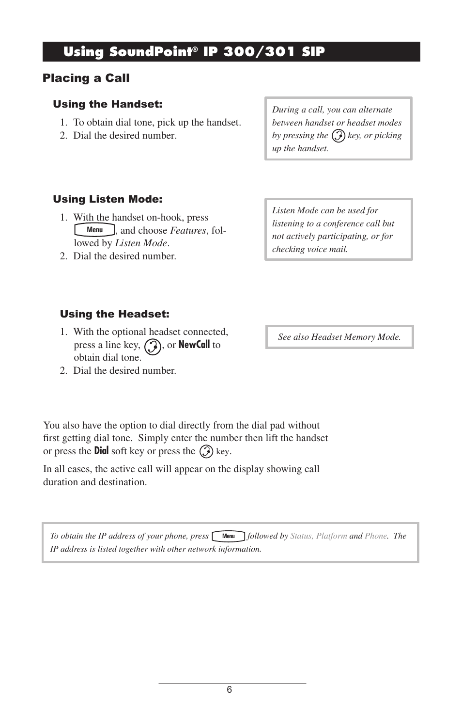 Using soundpoint, Ip 300/301 sip, Placing a call | Polycom SOUNDPOINT IP 300 User Manual | Page 9 / 30
