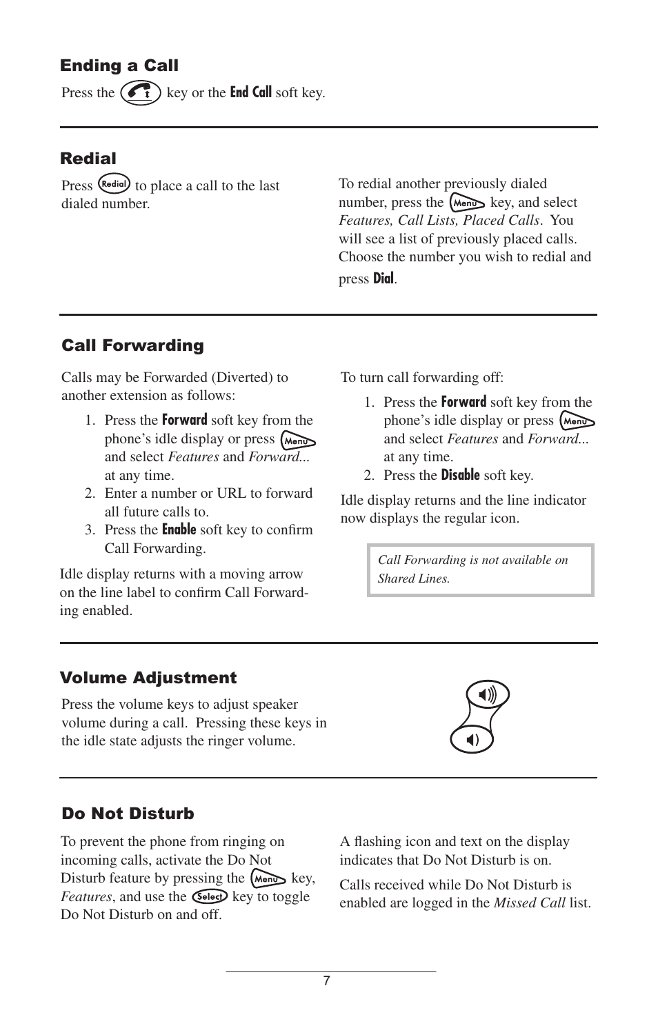 Ending a call, Redial, Call forwarding | Volume adjustment, Do not disturb | Polycom SoundStation IP 4000 SIP 1.6 User Manual | Page 10 / 24