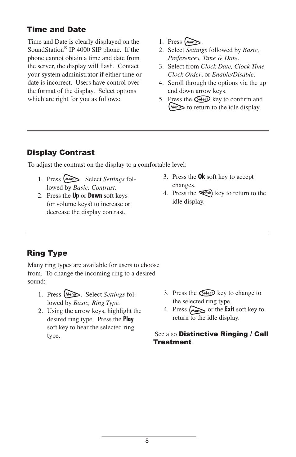 Time and date, Display contrast, Ring type | Polycom SoundStation IP 4000 SIP 1.6 User Manual | Page 11 / 24