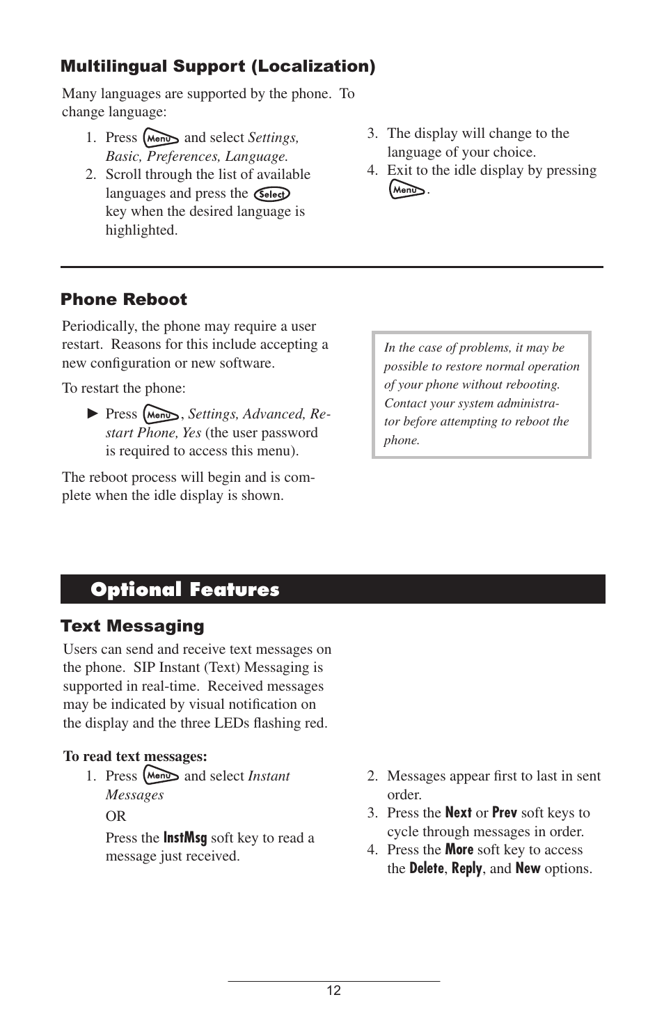 Multilingual support (localization), Phone re, Optional features | Text messaging | Polycom SoundStation IP 4000 SIP 1.6 User Manual | Page 15 / 24