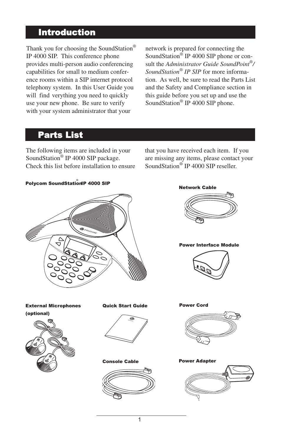 Introduction, Parts list, Introduction parts list | Polycom SoundStation IP 4000 SIP 1.6 User Manual | Page 4 / 24