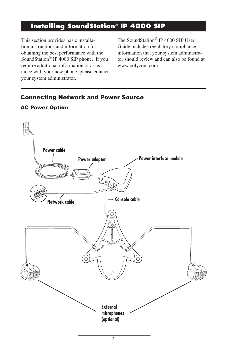 Installing soundstation, Ip 4000 sip, Connecting network and power source | Polycom SoundStation IP 4000 SIP 1.6 User Manual | Page 5 / 24