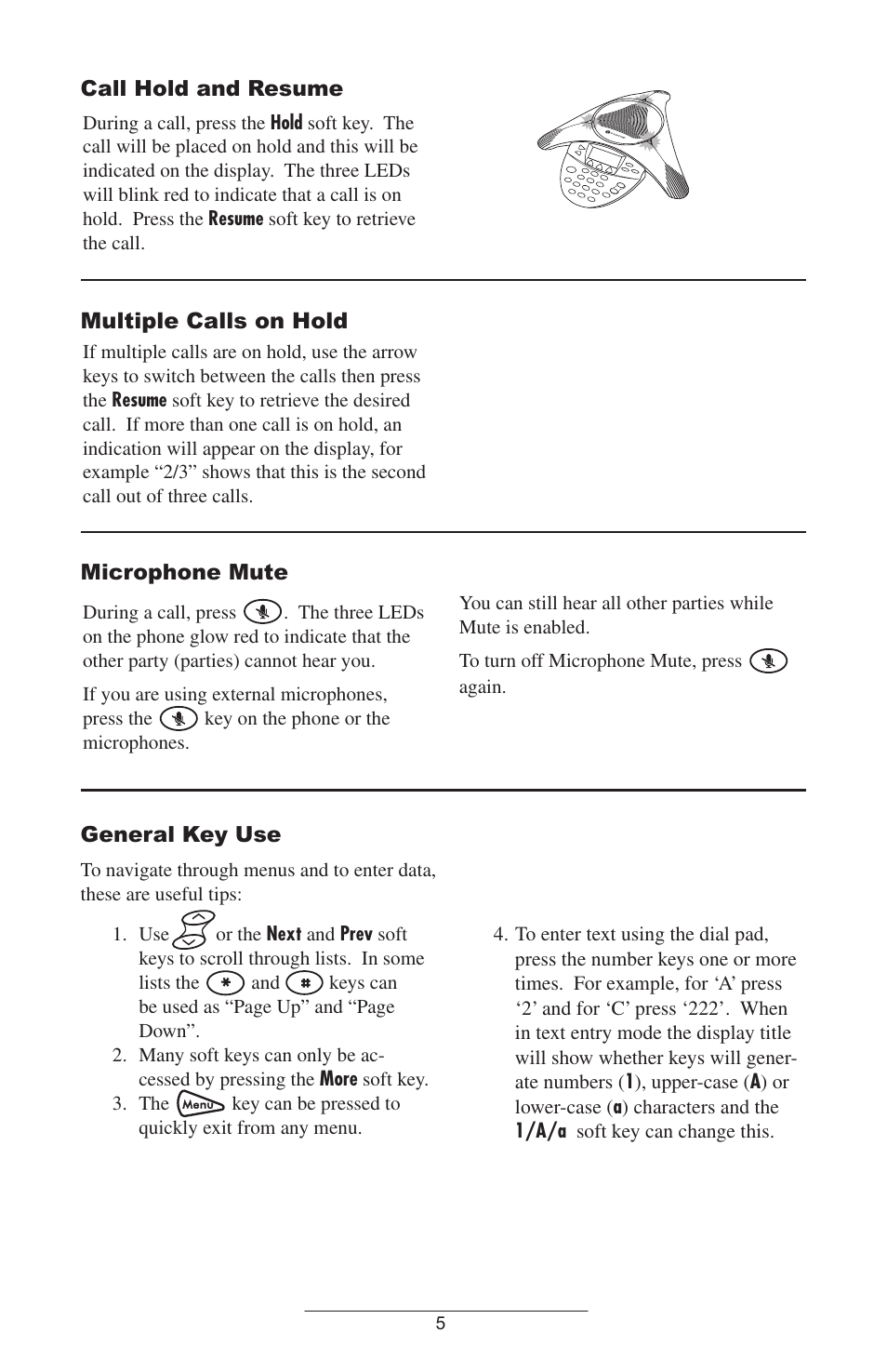 Call hold and resume, Multiple calls on hold, Microphone mute | General key use | Polycom SoundStation IP 4000 SIP 1.6 User Manual | Page 8 / 24
