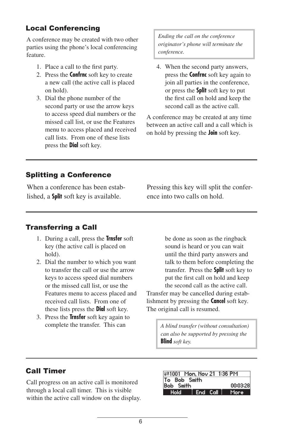 Local conferencing, Splitting a conference, Transferring a call | Call | Polycom SoundStation IP 4000 SIP 1.6 User Manual | Page 9 / 24