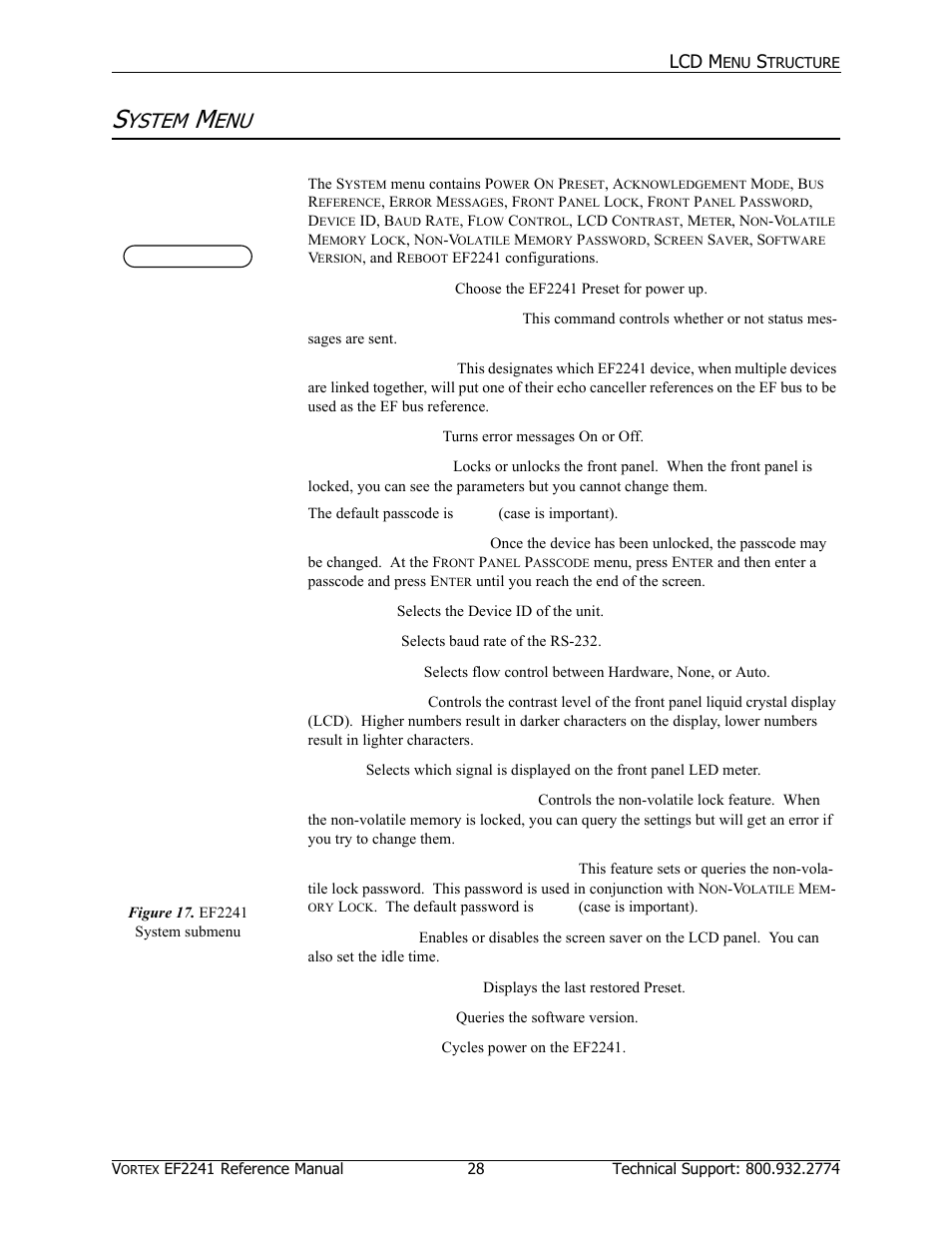 Ystem, Lcd m, Power on preset | Acknowledgement mode, Ef bus reference, Error messages, Front panel lock, Front panel passcode, Device id, Baud rate | Polycom EF2241 User Manual | Page 30 / 68