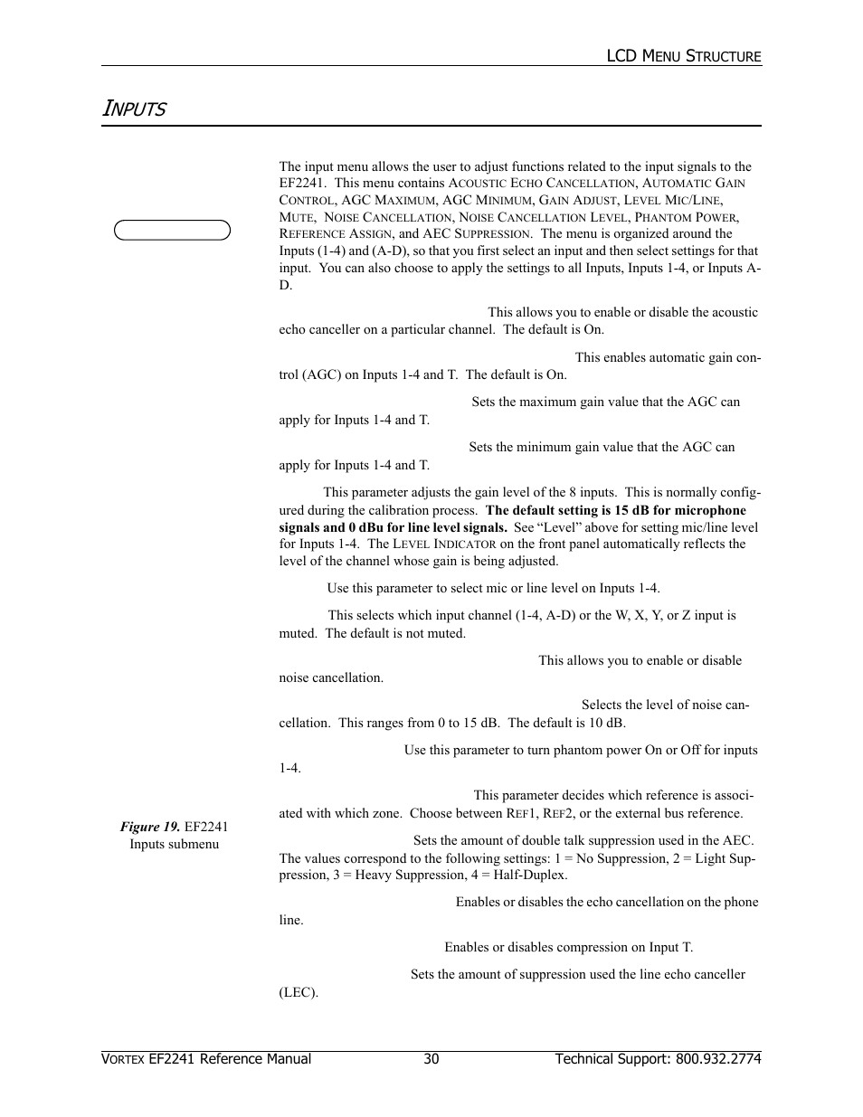Nputs, Lcd m, Acoustic echo cancellation | Automatic gain control (inputs 1-4, t), Agc max (inputs 1-4, t), Agc min (inputs 1-4, t), Gain, Level, Mute, Noise cancellation (inputs 1-4, t) | Polycom EF2241 User Manual | Page 32 / 68