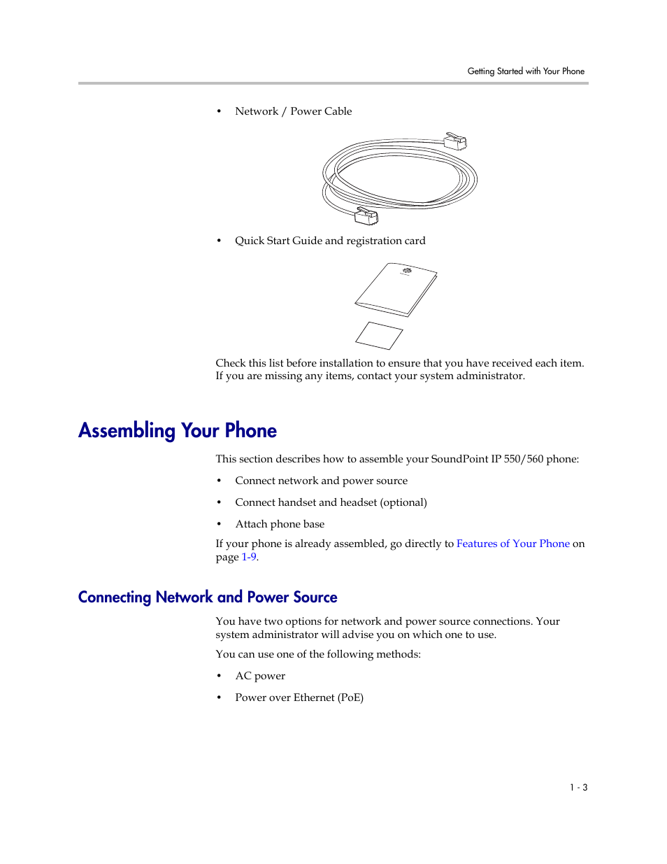 Assembling your phone, Connecting network and power source, Assembling your phone –3 | Connecting network and power source –3 | Polycom SoundPoint IP 560 User Manual | Page 11 / 108