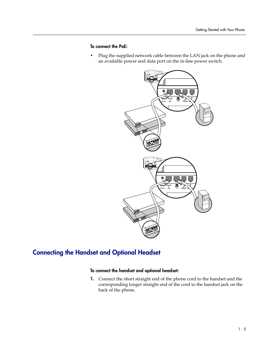 Connecting the handset and optional headset, Connecting the handset and optional headset –5 | Polycom SoundPoint IP 560 User Manual | Page 13 / 108