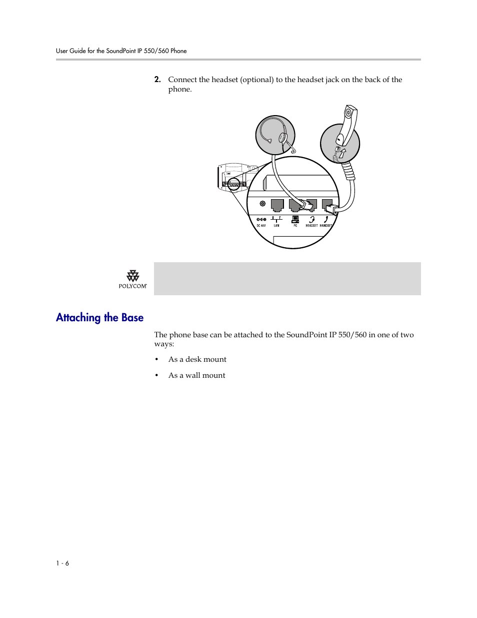 Attaching the base, Attaching the base –6 | Polycom SoundPoint IP 560 User Manual | Page 14 / 108