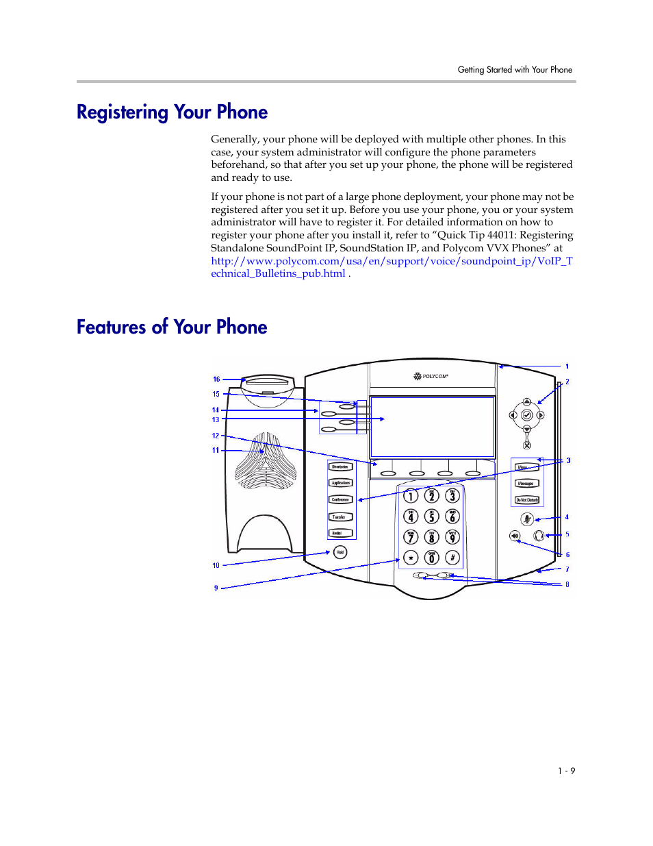 Registering your phone, Features of your phone | Polycom SoundPoint IP 560 User Manual | Page 17 / 108