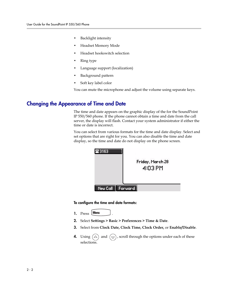 Changing the appearance of time and date, Changing the appearance of time and date –2 | Polycom SoundPoint IP 560 User Manual | Page 26 / 108