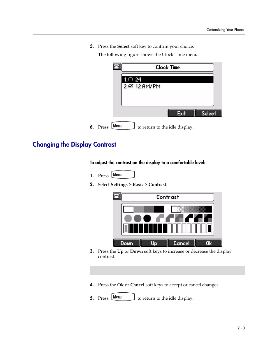 Changing the display contrast, Changing the display contrast –3 | Polycom SoundPoint IP 560 User Manual | Page 27 / 108