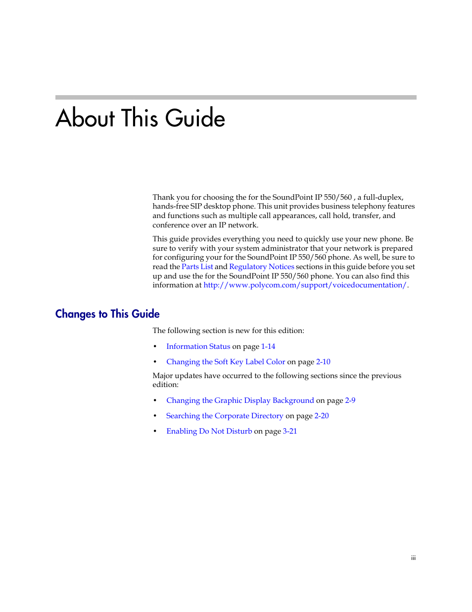 Changes to this guide, About this guide | Polycom SoundPoint IP 560 User Manual | Page 3 / 108