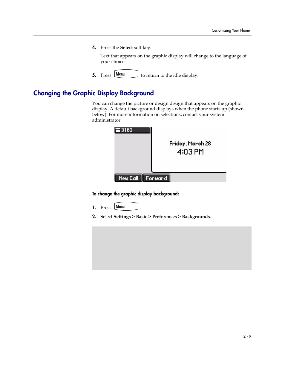 Changing the graphic display background, Changing the graphic display background –9 | Polycom SoundPoint IP 560 User Manual | Page 33 / 108