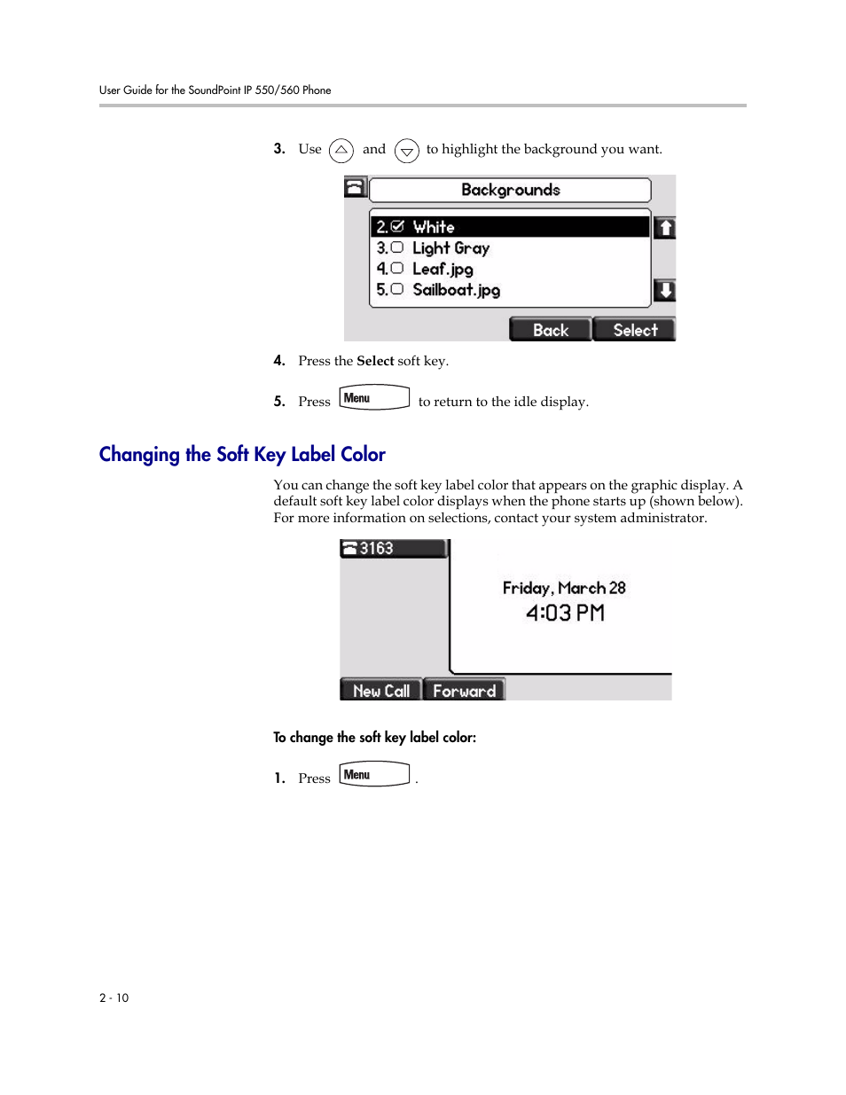 Changing the soft key label color, Changing the soft key label color –10 | Polycom SoundPoint IP 560 User Manual | Page 34 / 108