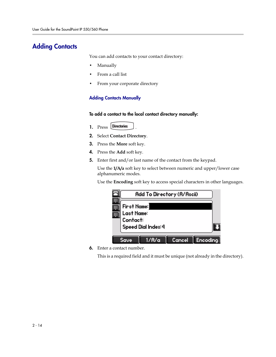 Adding contacts, Adding contacts –14 | Polycom SoundPoint IP 560 User Manual | Page 38 / 108