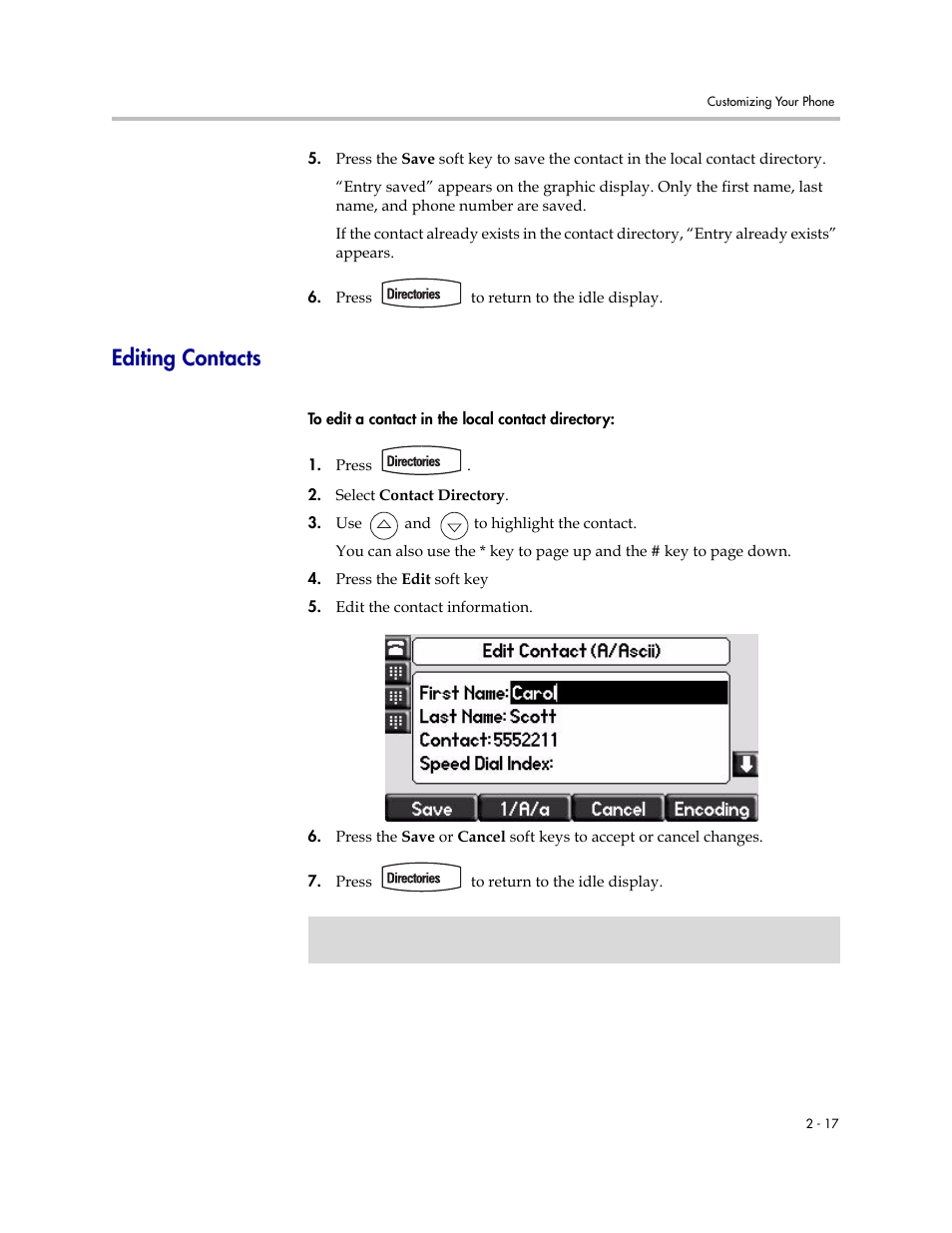 Editing contacts, Editing contacts –17 | Polycom SoundPoint IP 560 User Manual | Page 41 / 108