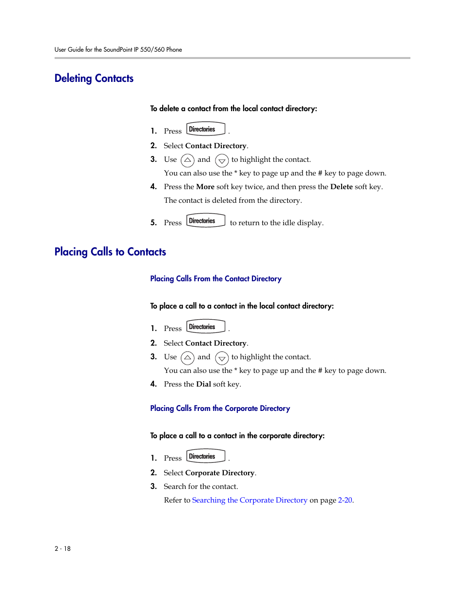 Deleting contacts, Placing calls to contacts | Polycom SoundPoint IP 560 User Manual | Page 42 / 108