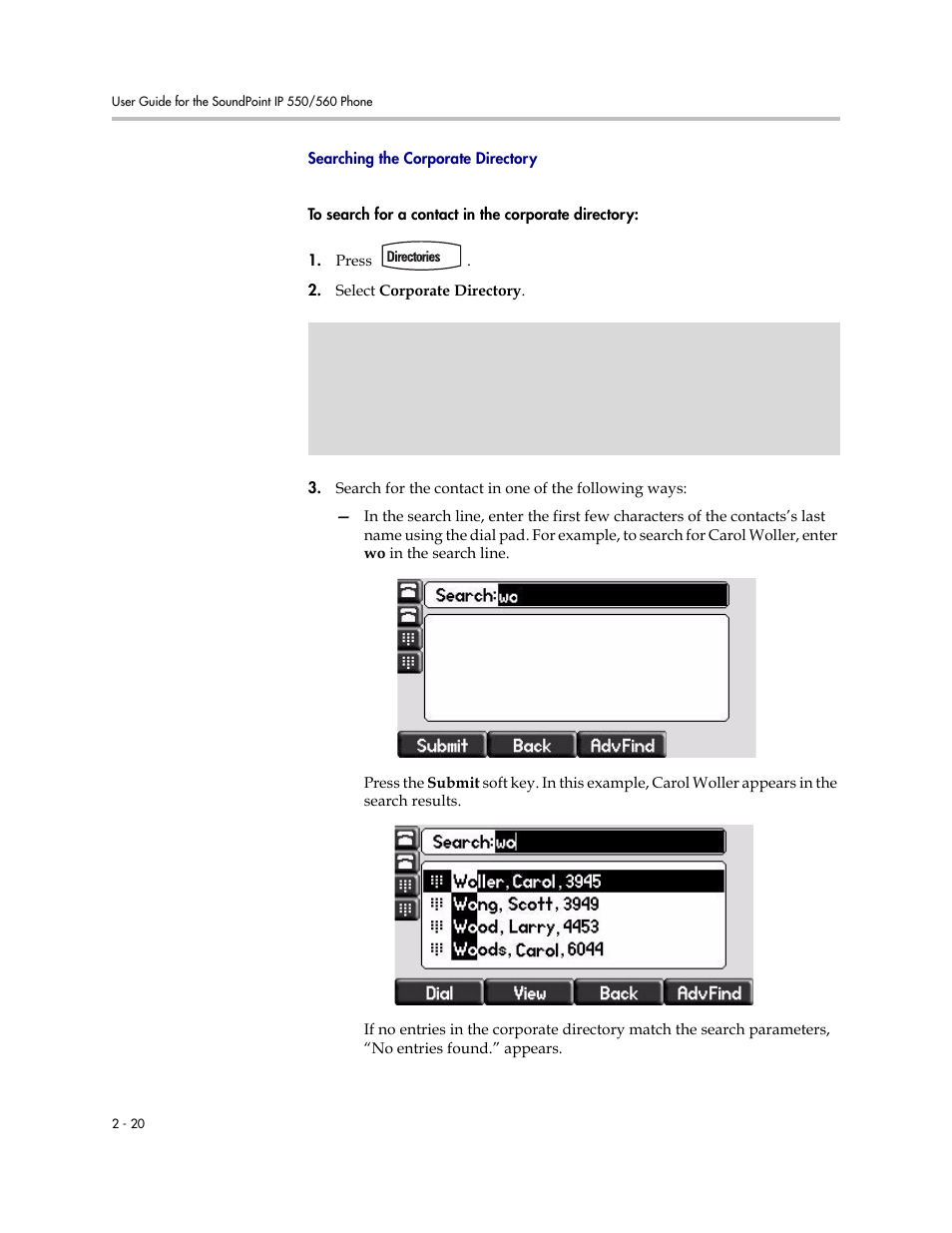 Searching the corporate directory | Polycom SoundPoint IP 560 User Manual | Page 44 / 108