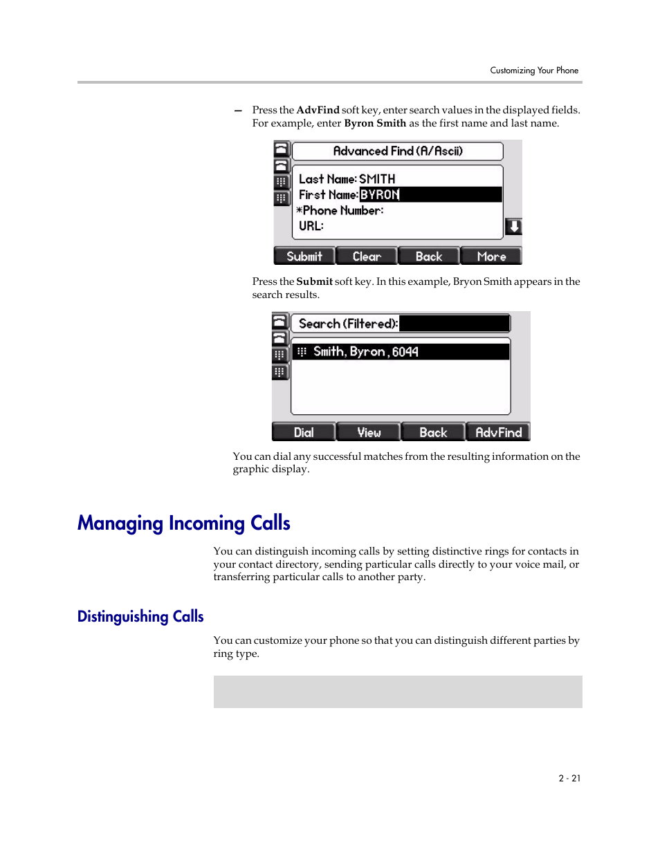 Managing incoming calls, Distinguishing calls, Managing incoming calls –21 | Distinguishing calls –21 | Polycom SoundPoint IP 560 User Manual | Page 45 / 108