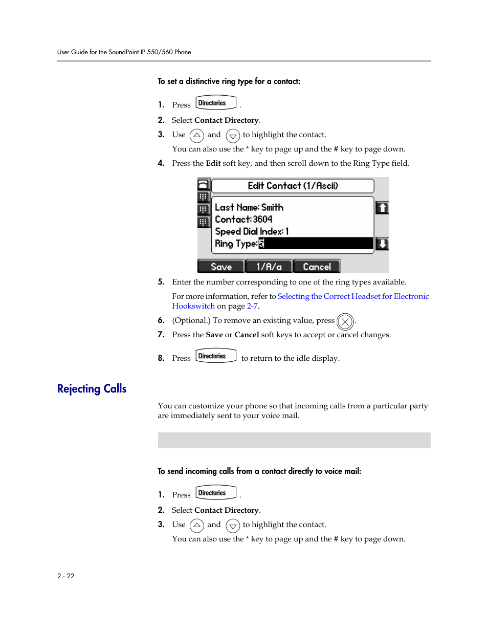 Rejecting calls, Rejecting calls –22 | Polycom SoundPoint IP 560 User Manual | Page 46 / 108