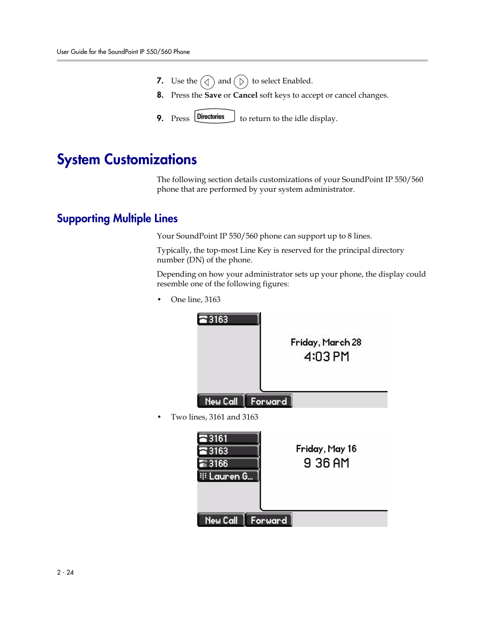 System customizations, Supporting multiple lines, System customizations –24 | Supporting multiple lines –24 | Polycom SoundPoint IP 560 User Manual | Page 48 / 108