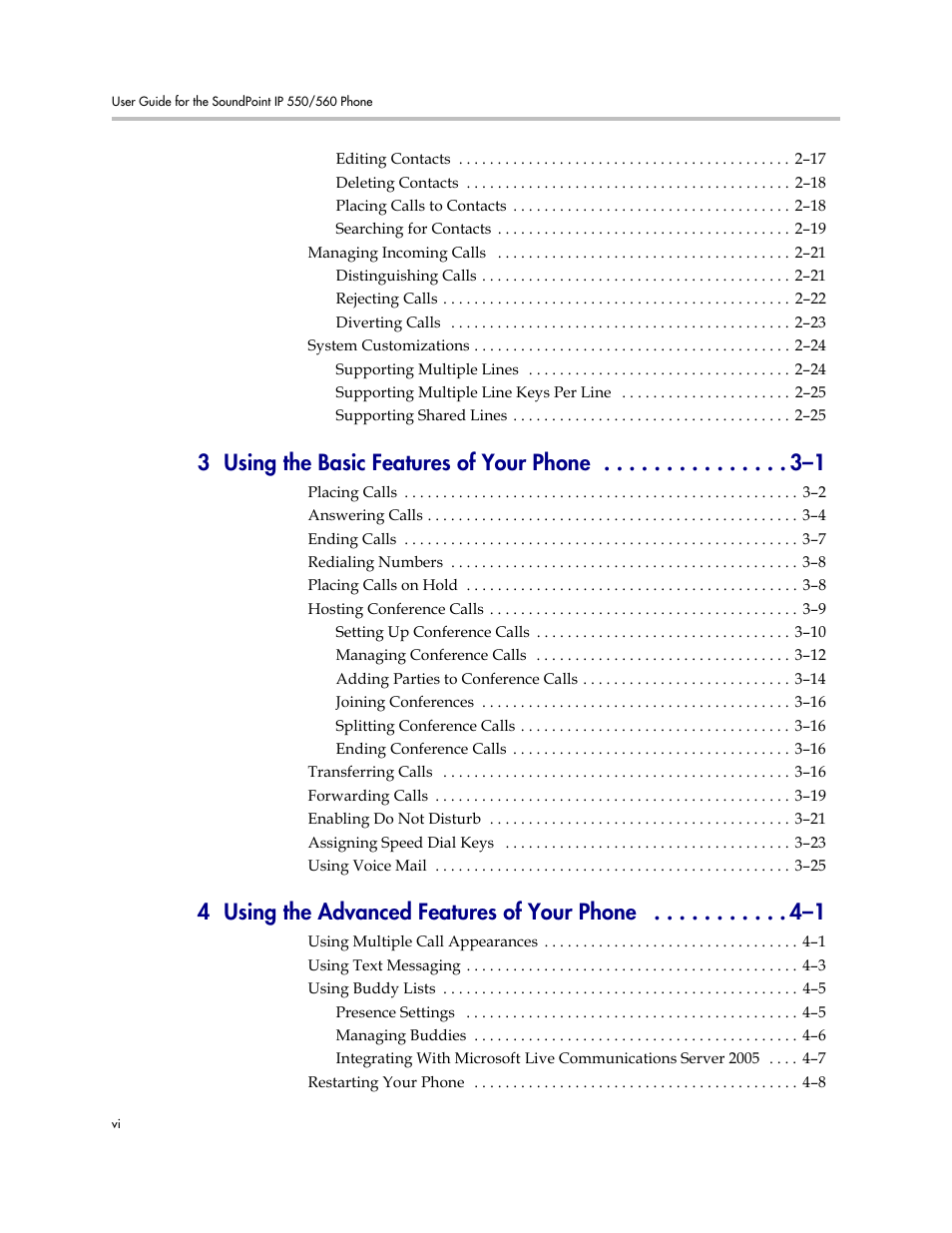 3 using the basic features of your phone –1, 4 using the advanced features of your phone –1 | Polycom SoundPoint IP 560 User Manual | Page 6 / 108