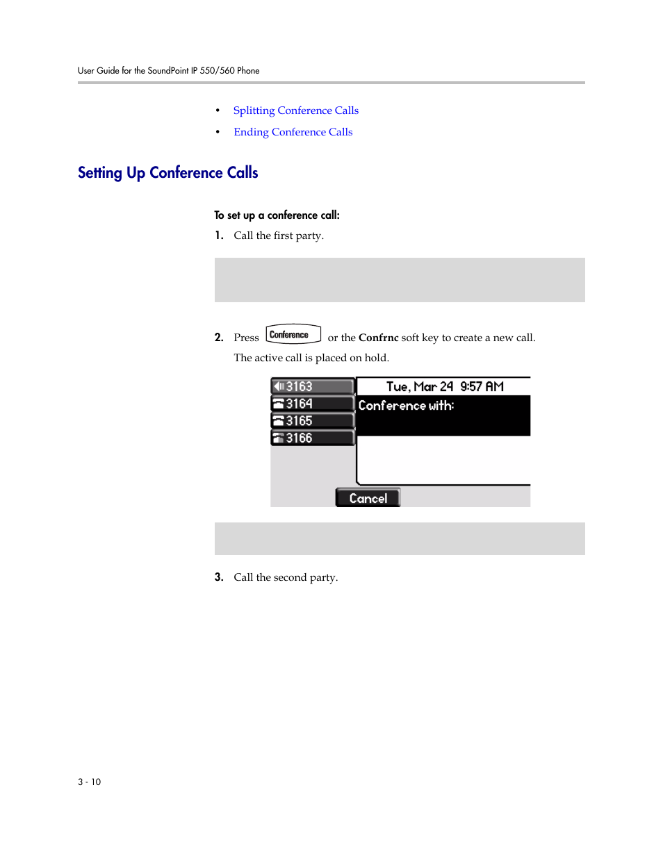 Setting up conference calls, Setting up conference calls –10 | Polycom SoundPoint IP 560 User Manual | Page 60 / 108