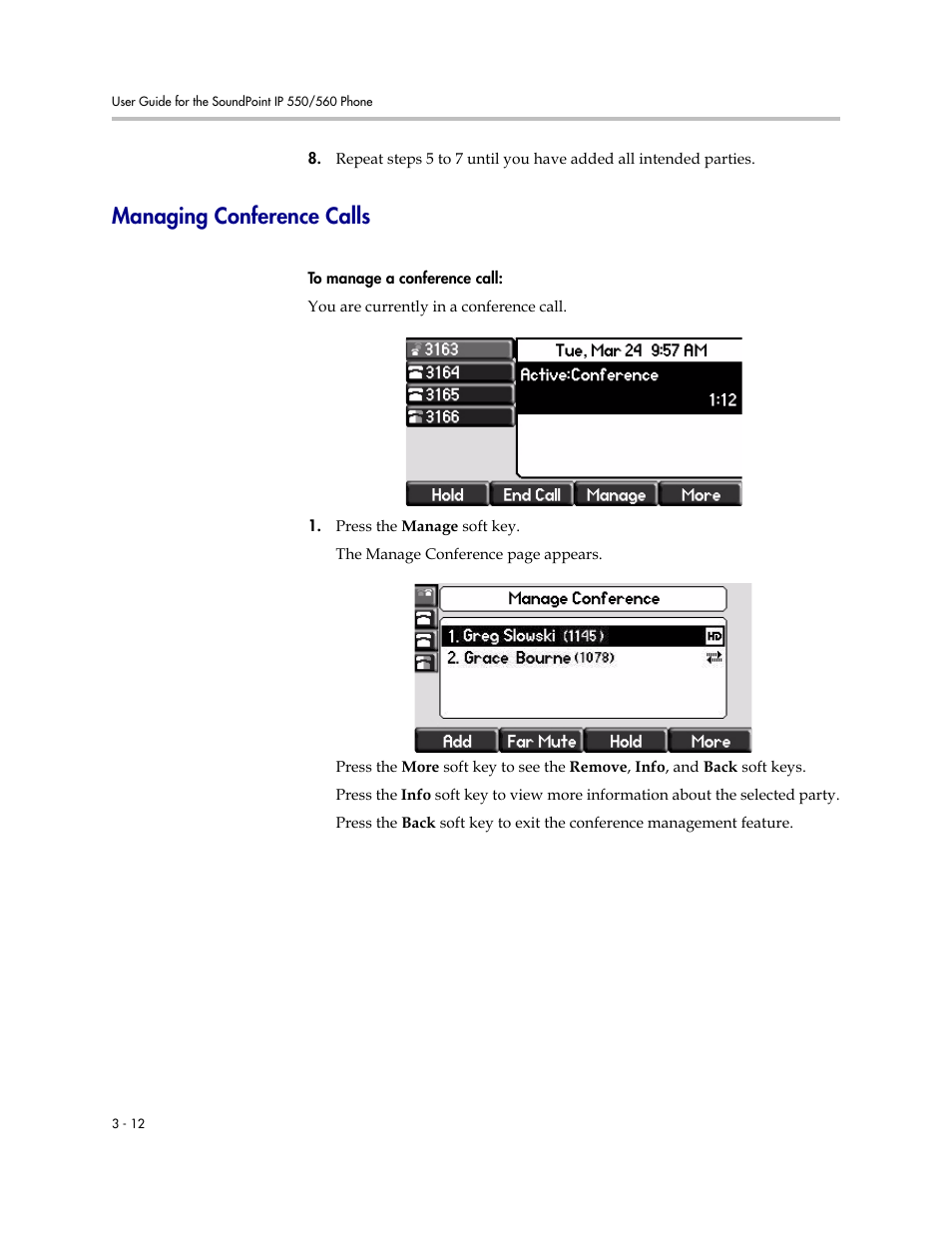 Managing conference calls, Managing conference calls –12 | Polycom SoundPoint IP 560 User Manual | Page 62 / 108