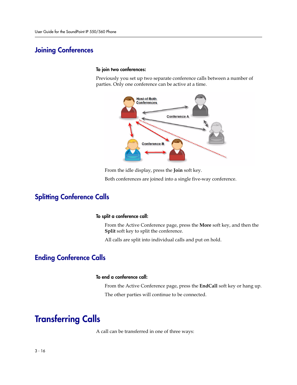 Joining conferences, Splitting conference calls, Ending conference calls | Transferring calls, Transferring calls –16 | Polycom SoundPoint IP 560 User Manual | Page 66 / 108