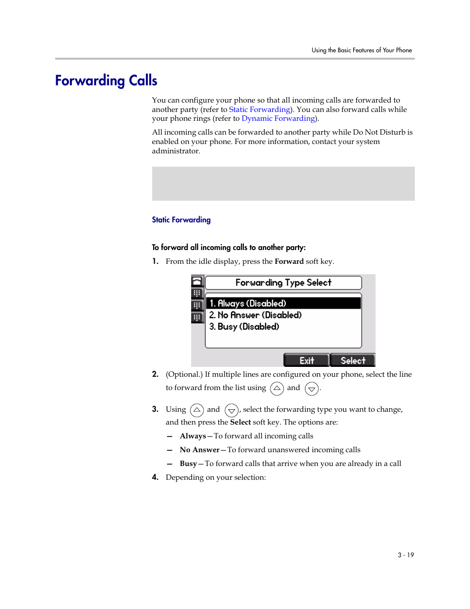 Forwarding calls, Forwarding calls –19 | Polycom SoundPoint IP 560 User Manual | Page 69 / 108