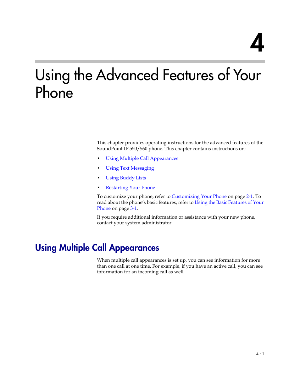 Using the advanced features of your phone, Using multiple call appearances, 4 using the advanced features of your phone –1 | Using multiple call appearances –1, Using the, Advanced features of your phone, R to, Using the advanced, Features of your phone, Using | Polycom SoundPoint IP 560 User Manual | Page 77 / 108