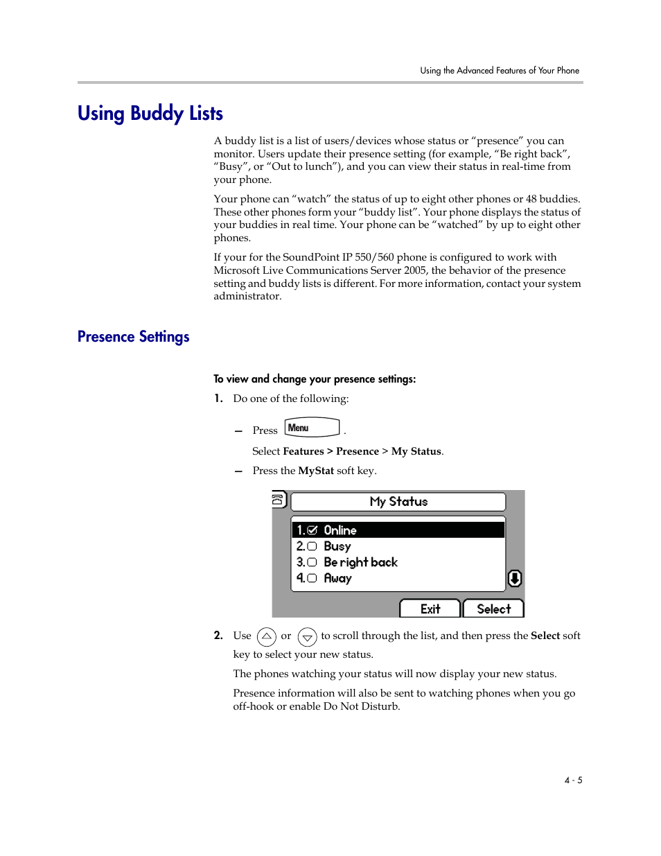 Using buddy lists, Presence settings, Using buddy lists –5 | Presence settings –5 | Polycom SoundPoint IP 560 User Manual | Page 81 / 108