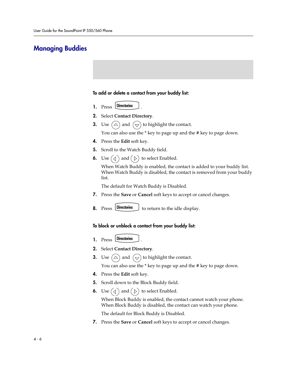 Managing buddies, Managing buddies –6 | Polycom SoundPoint IP 560 User Manual | Page 82 / 108