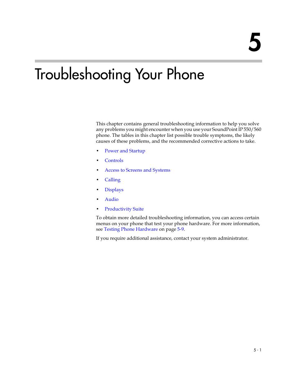 Troubleshooting your phone, 5 troubleshooting your phone –1 | Polycom SoundPoint IP 560 User Manual | Page 85 / 108