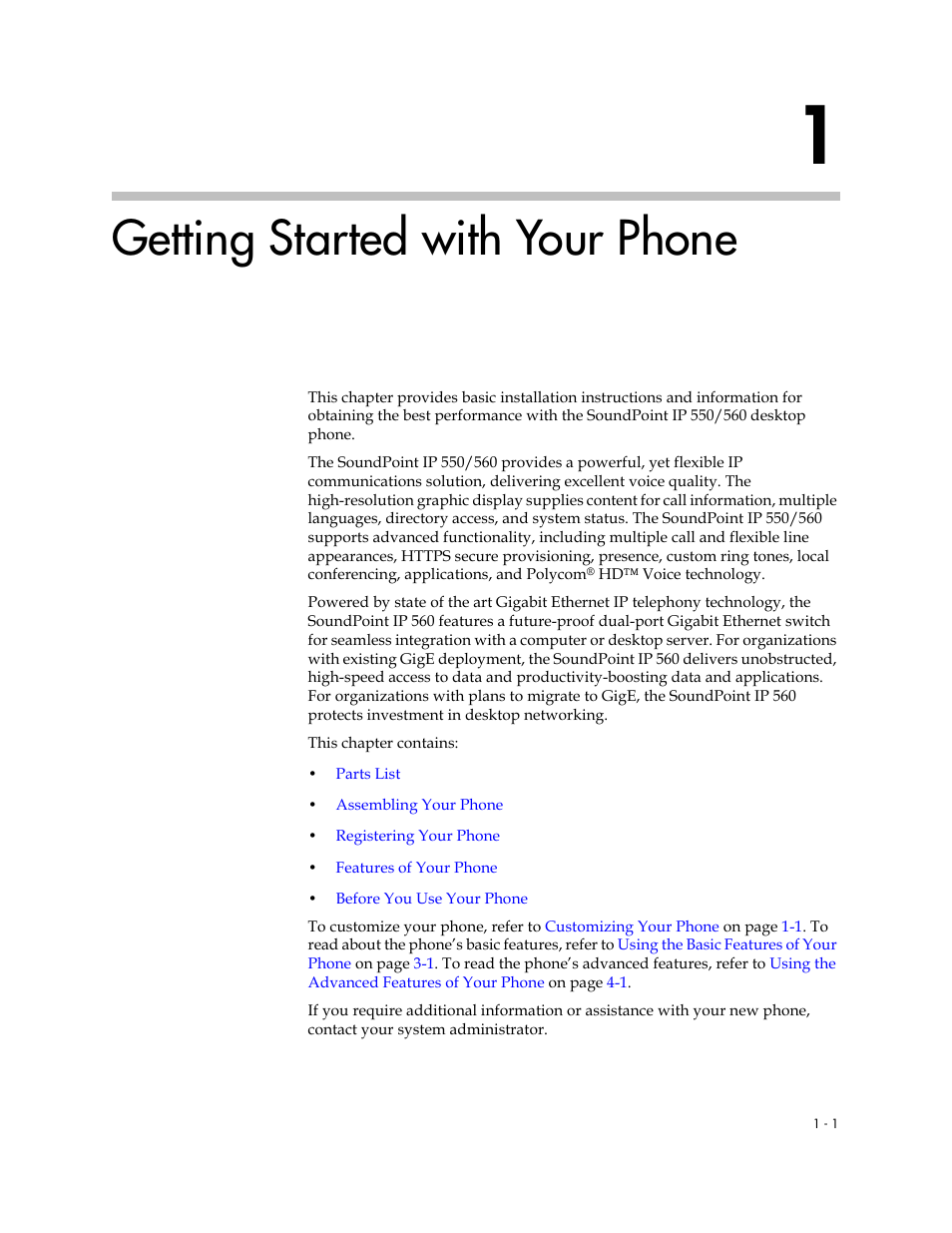 Getting started with your phone, 1 getting started with your phone –1 | Polycom SoundPoint IP 560 User Manual | Page 9 / 108