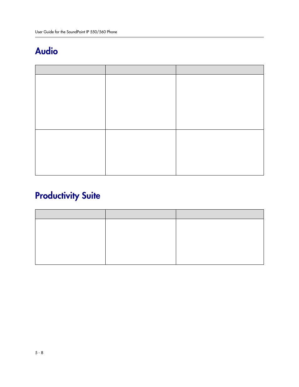 Audio, Productivity suite, Audio –8 productivity suite –8 | Audio productivity suite | Polycom SoundPoint IP 560 User Manual | Page 92 / 108