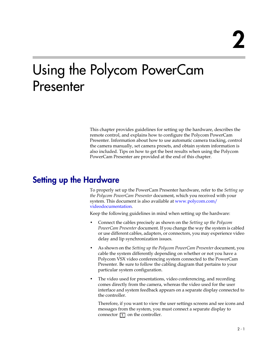 Using the polycom powercam presenter, Setting up the hardware, Using the polycom powercam presenter -1 | Setting up the hardware -1 | Polycom 3725-24004-001/A User Manual | Page 13 / 52