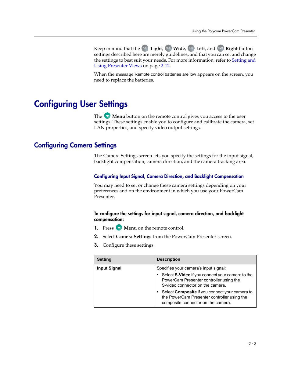 Configuring user settings, Configuring camera settings, Configuring user settings -3 | Configuring camera settings -3, Compensation -3 | Polycom 3725-24004-001/A User Manual | Page 15 / 52
