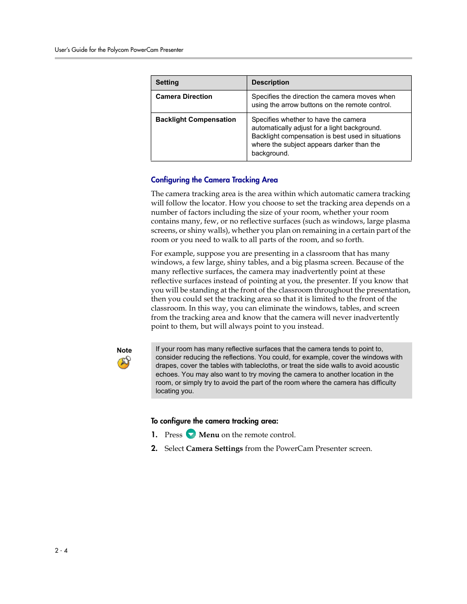 Configuring the camera tracking area, Configuring the camera tracking area -4 | Polycom 3725-24004-001/A User Manual | Page 16 / 52